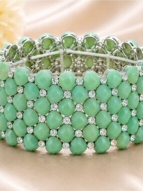 Mint Green Crystal Heart Stretch Cuff Bracelet | Statement Bracelet